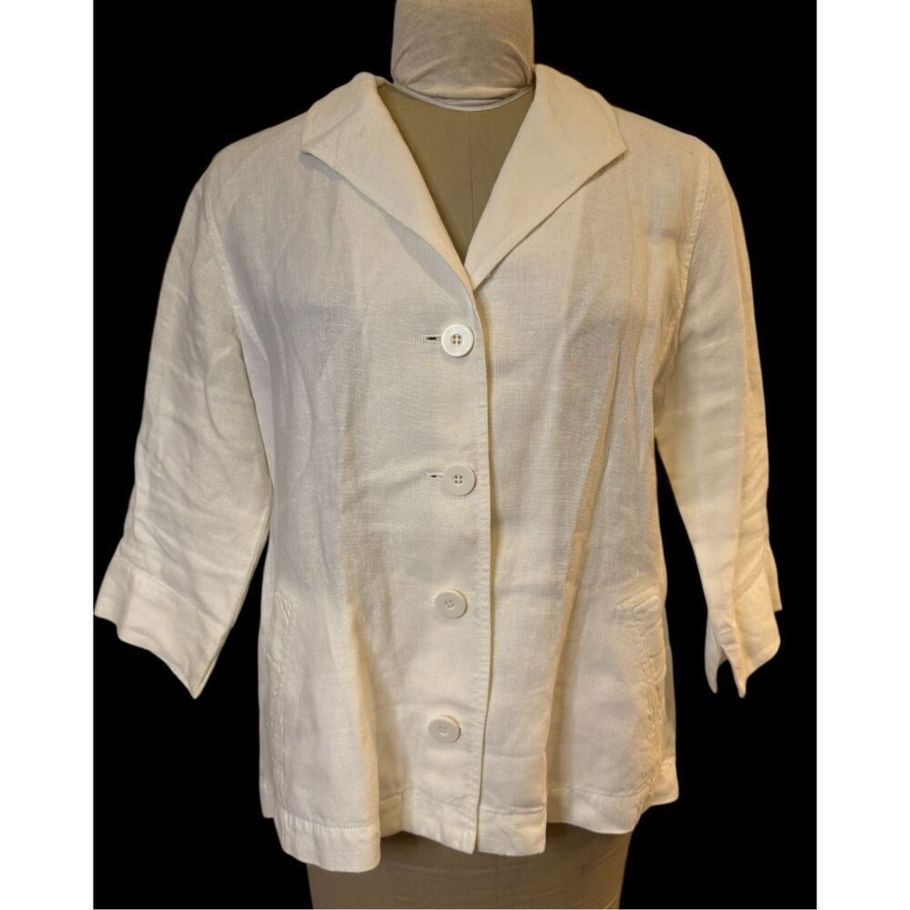 Eileen Fisher Linen 4-Button Jacket/Top 3/4 Sleeves White Sz. L Lightweight - Picture 4 of 12